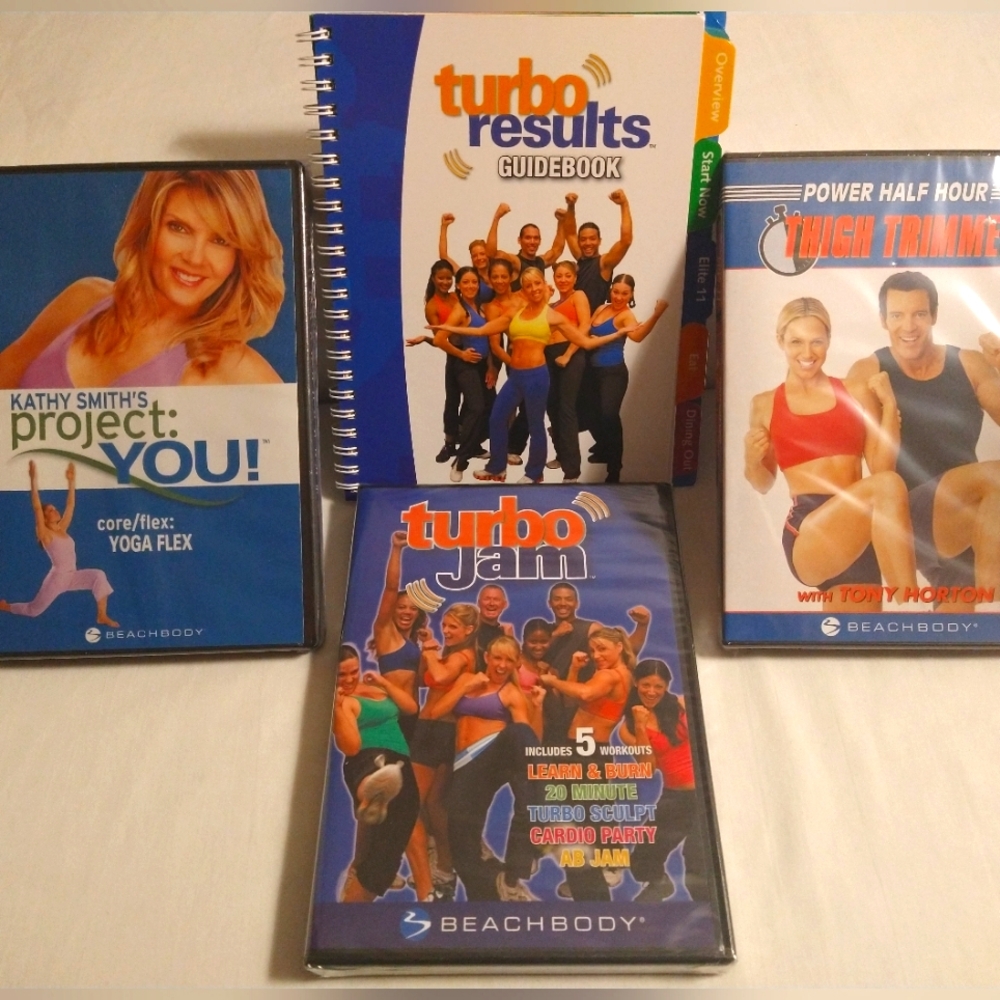 BEACHBODY TURBO JAM, THIGH TRIMMER, YOGA FLEX GUIDEBOOK & DVD SET *(NWT)